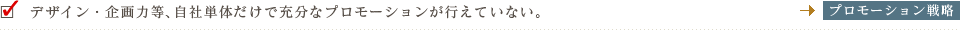 デザイン・企画力等、自社単体だけで充分なプロモーションが行えていない。