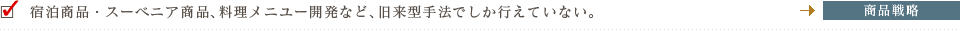 宿泊商品・スーベニア商品、料理メニユー開発など、旧来型手法でしか行えていない。